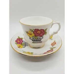 Staffordshire, England, FLOWER BASKET, Footed Cup & Saucer Set